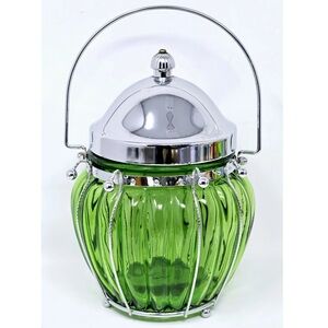 VTG Emerald Green Glass Musical Biscuit Jar w/Metal Lid  "Love Story" Japan 70’s